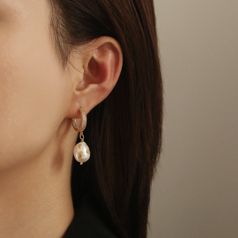 Baroque Pearl Gold Leaf Huggies Earrings