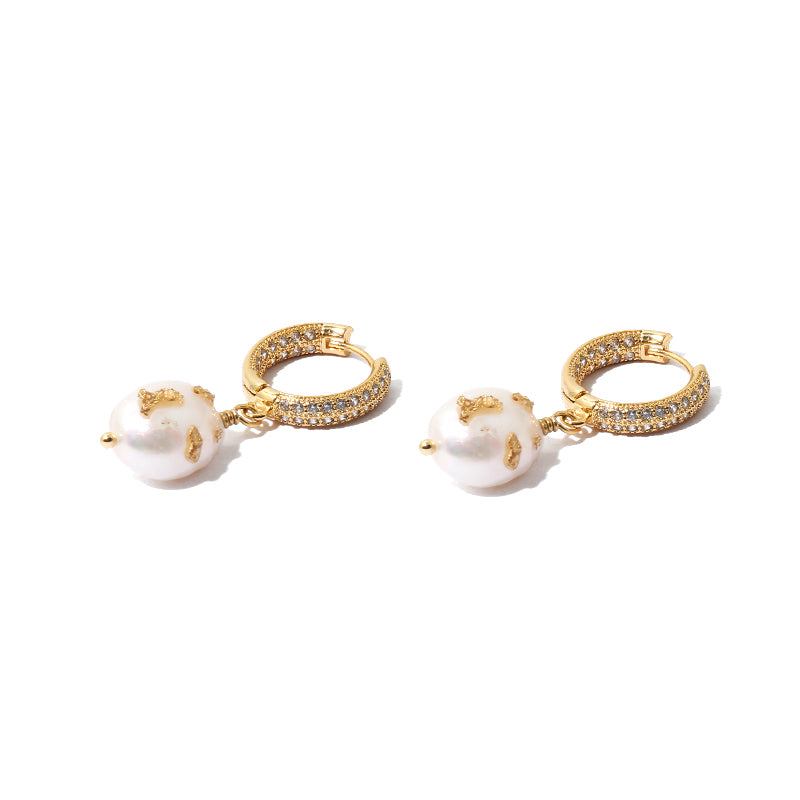 Baroque Pearl Gold Leaf Huggies Earrings