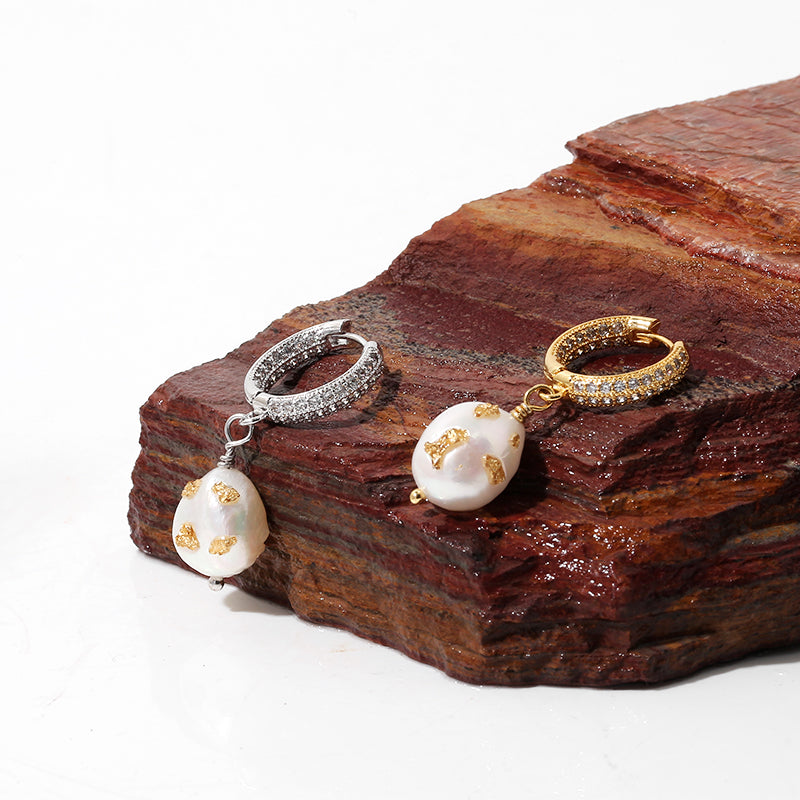 Baroque Pearl Gold Leaf Huggies Earrings
