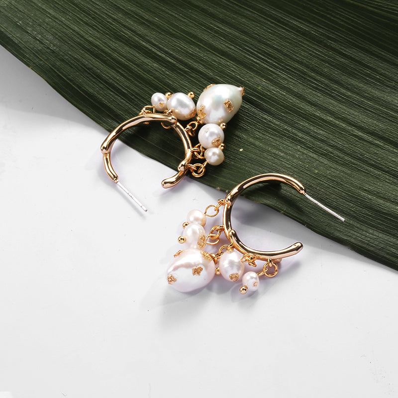 "The Royals"Baroque Pearl Gold Leaf Hoop Earrings